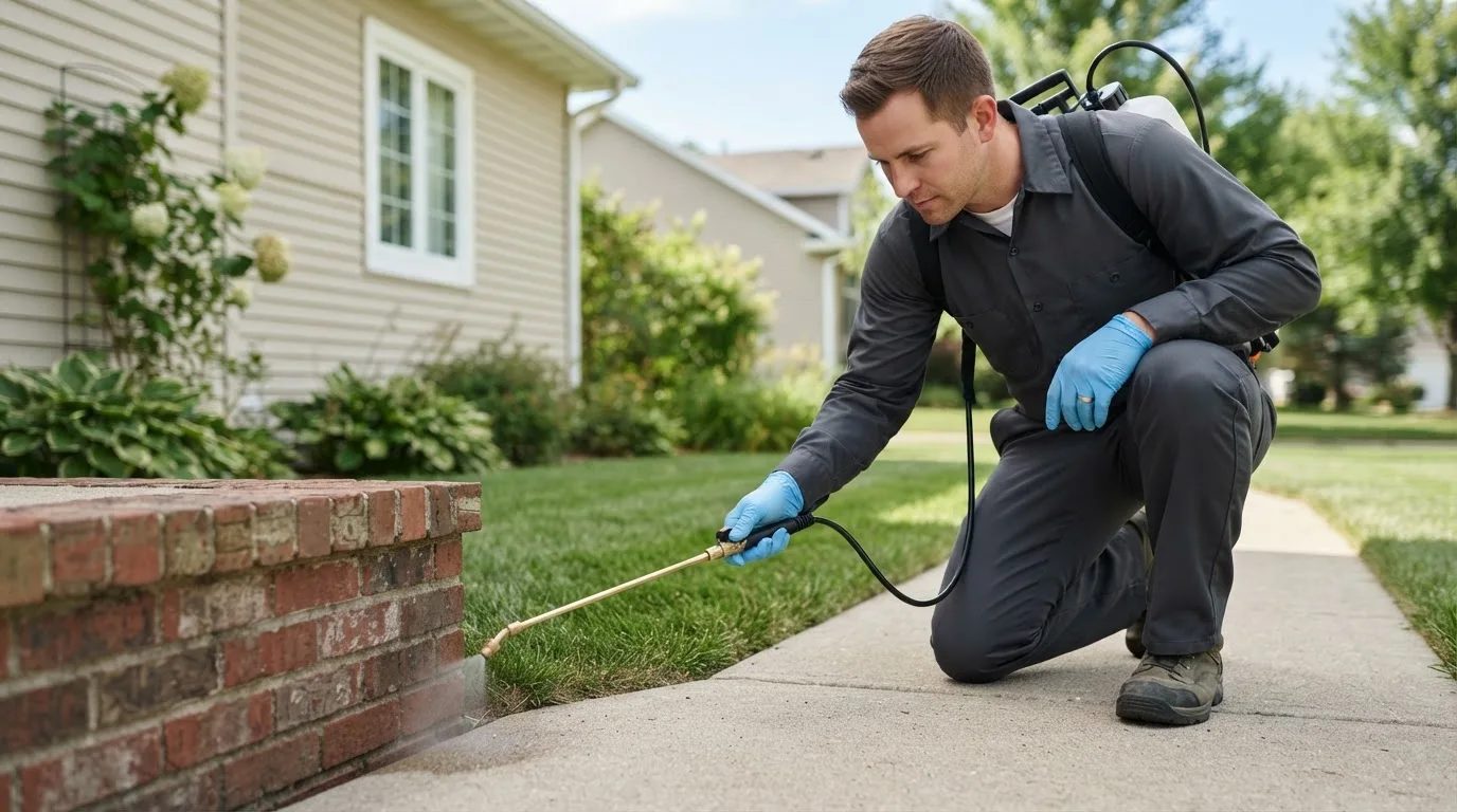 Pest control technician treating a home near North Oxford, MA