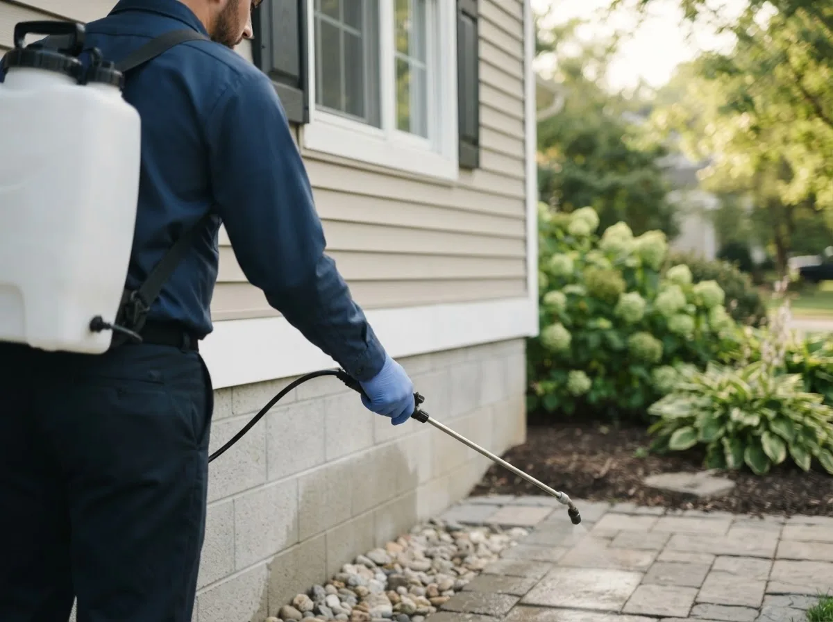 Pest control technician inspecting a home in North Oxford, MA